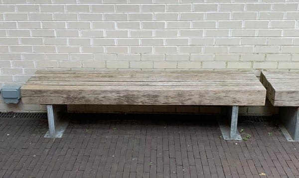 A newly varnished and ready for summer outdoor bench following Action Day love